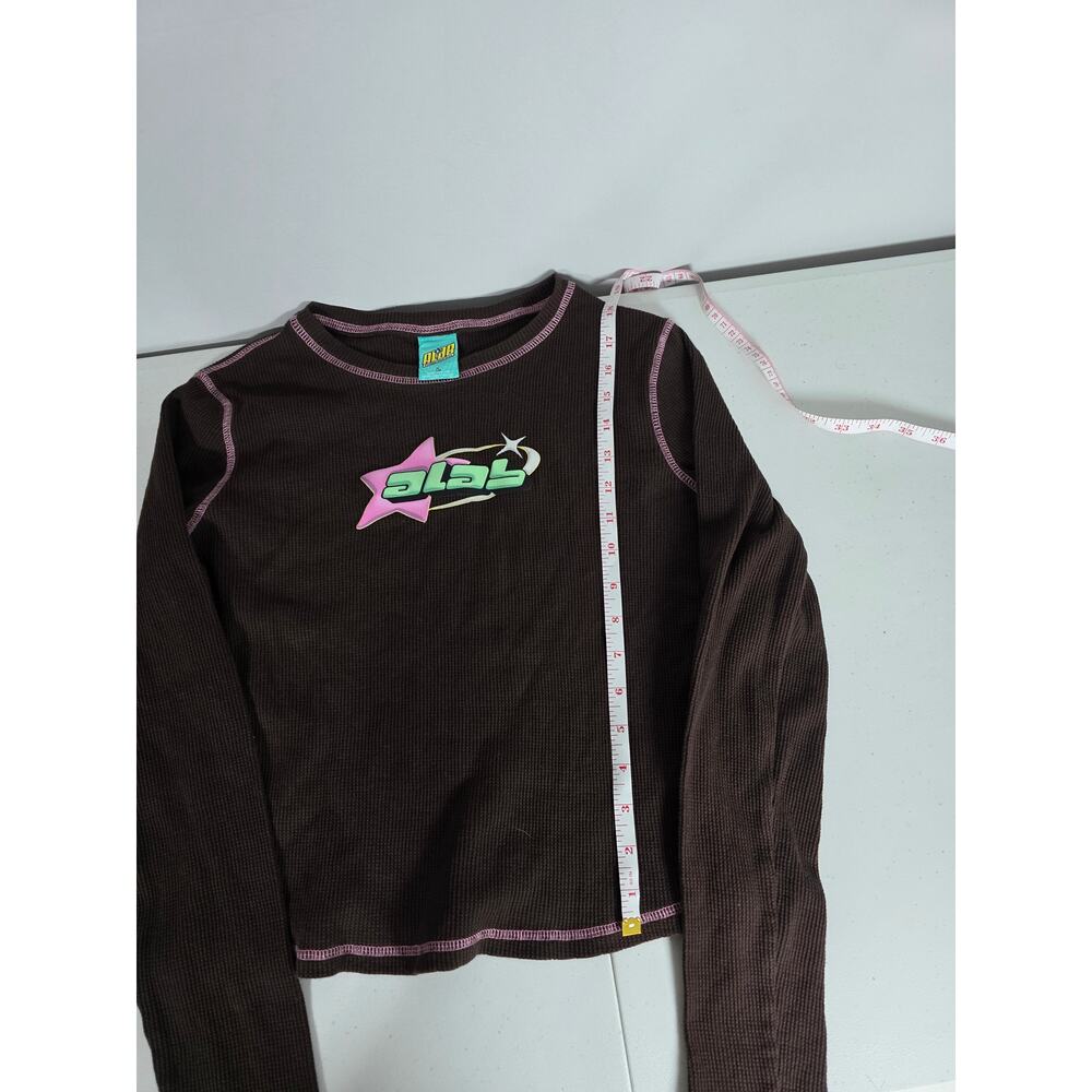 ALAB Thermal Shirt Womens Large Brown Pink Y2K Waffle Knit Graphic Long Sleeve - Picture 6 of 9